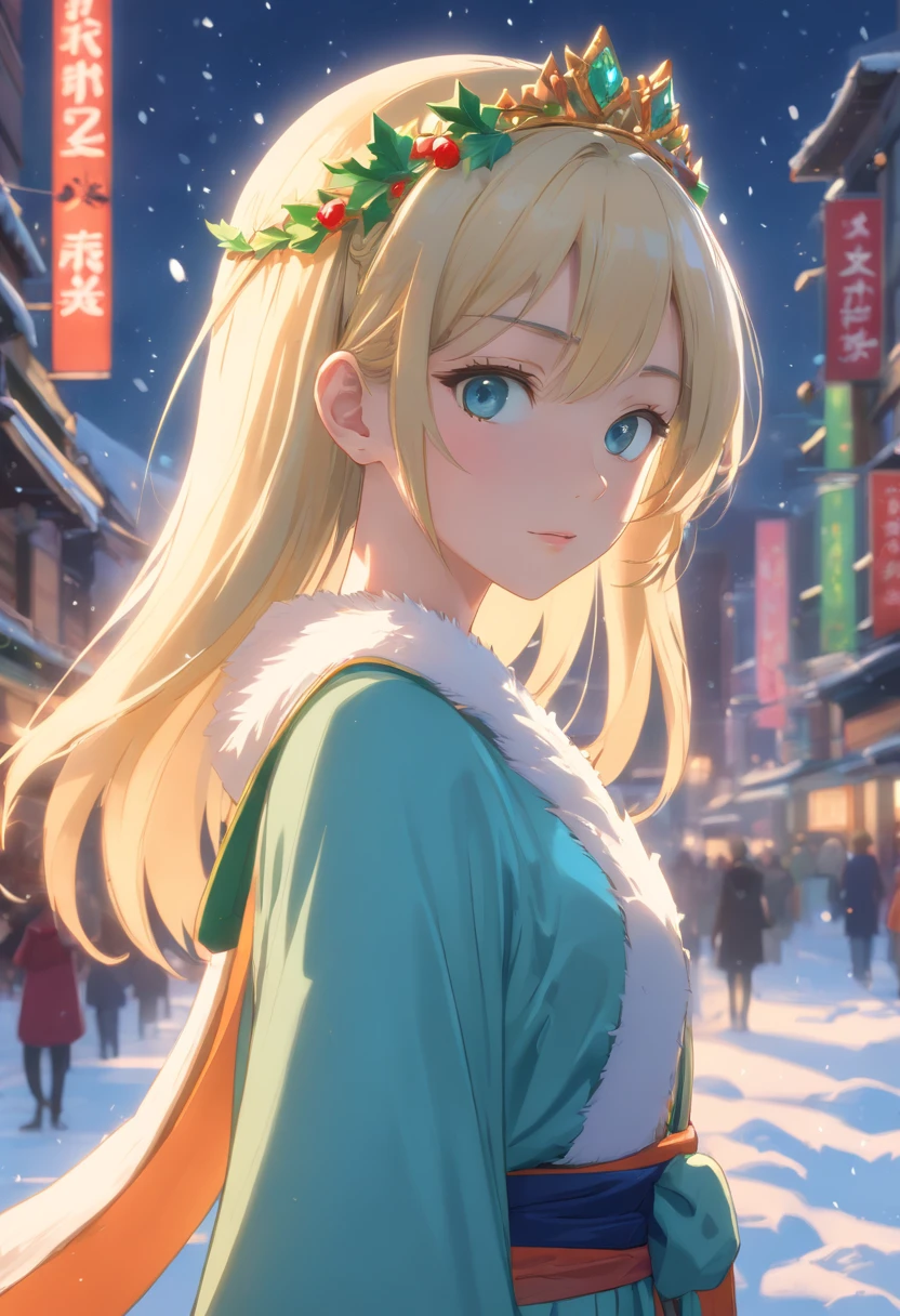a beautiful empress portrait, blonde hair, perfect blue eyes, with a brilliant, impossible striking big Christmas headpiece, clothes Santa robes, everything Christmas, snow, symmetrical, dramatic studio lighting, rococo, baroque, greens, asian, hyperrealism, closeup, D&D, fantasy, intricate, elegant, highly detailed, digital painting, artstation, octane render, 8k, concept art, matte, sharp focus