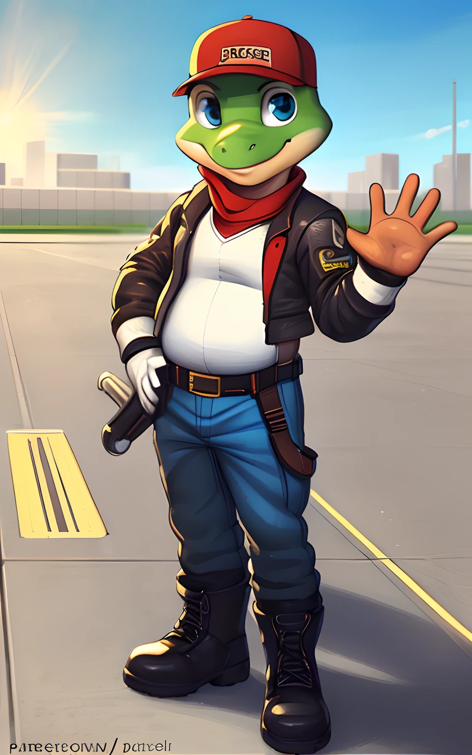 [Slippy Toad], [starfox], [Uploaded to e621.net; (mayosplash), (Pixelsketcher)], ((masterpiece)), ((solo portrait)), ((full body)), ((furry; anthro frog)), ((detailed fur)), ((detailed shading)), ((beautiful render art)), ((cel shading)), {male anthro frog; green skin, blue eyes, (short chubby figure), (confident smile)}, {(blue Jumpsuit), (small red baseball cap on head), red scarf, (white leather jacket with shiny texture), (utility belt with gold triangle belt buckle), (tools on belt), (black combat gloves), (grey combat boots)}, {(standing on concrete), (waving at viewer)}, [background; (air force base), (jet runway), (blue sky), (bright sun)]