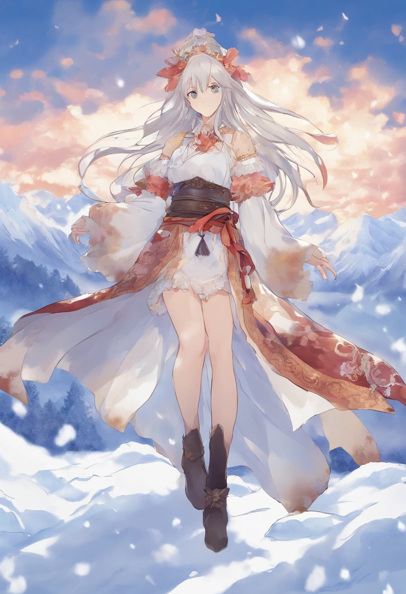Kikurihime Hakusan, Goddess standing on snowy Hakusan mountain. Kikurihime's background is a cloudless blue sky。