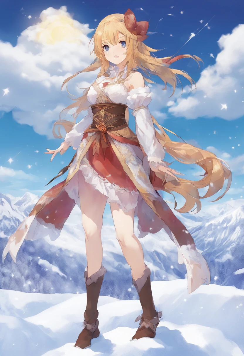 Kikurihime Hakusan, Goddess standing on snowy Hakusan mountain. Kikurihime's background is a cloudless blue sky。