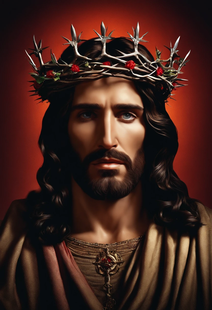 Jesus Christ wearing a crown of thorns, looking at camera