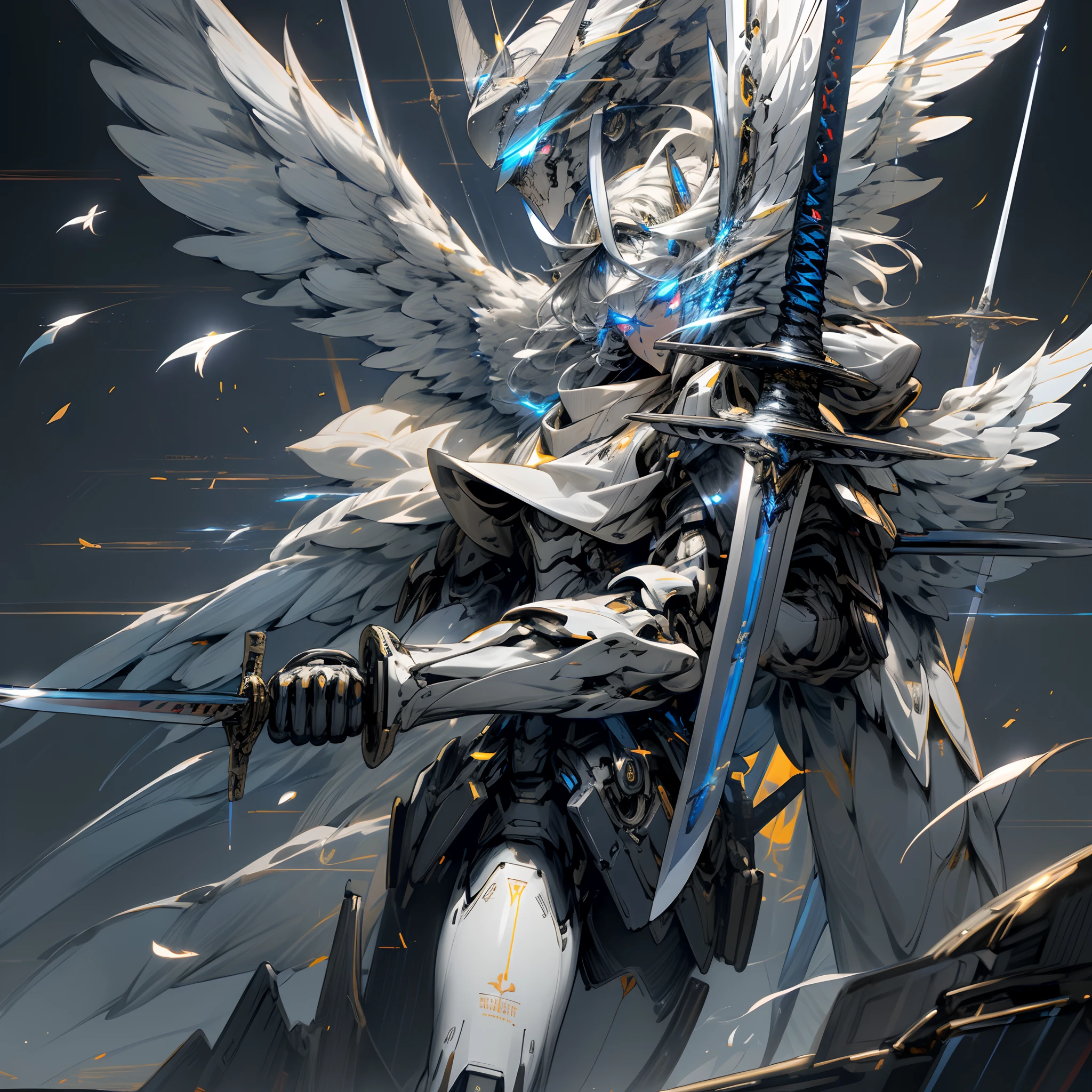 masterpiece,bestquality,highlydetailed,ultra-detailed,extremely detailed CG unity 8k wallpaper,illustration,mechpp,no humans,robot,mecha,(wings:1.3),(holding:1.3),(weapon),(((holding weapon))),(glowing:1.2),(blue eyes:1.1),solo,glowing eyes,(sword:1.2),(dynamic posture),