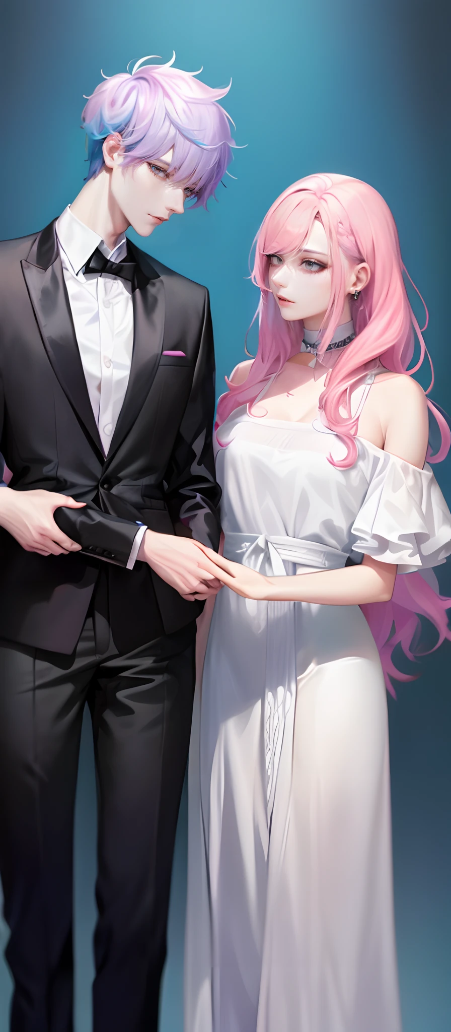((Male and female couples)), Idol Photos, Magazine covers, Photos of actors, Professional Photos, Height difference, tall male, Happiness, youthfulness, extra detailed face, detailed punk hair, very detailed character, inspired by Sim Sa-jeong, Cai Xukun's, detailed realistic faces, highly detailed realistic face, high detailed face anime, realistic detailed face, Accurate detailed face, attractive androgynous humanoid, Cool Korean fashion in black and white, ((Man with light blue hair)), ((Woman with pink hair)), ((Woman with long hair below waist)), ((Man with short hair over ears)), ((Pink hair woman with gentle expression)), ((Man with light blue hair with wild expression)), high-level image quality, masterpiece, Photographed so that the whole body can be seen, Photographed to make clothes look beautiful, Take your eyes off, ((two individuals)), ((British couple))