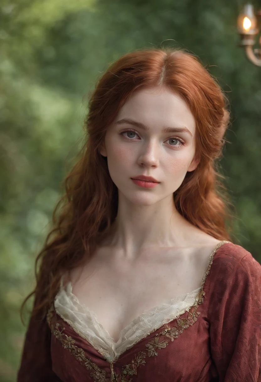 (((a deep reddish wound crosses her left cheek))) full body shot, fair complexion, woman around 19 years old, name Lyra, natural ginger hair, messy hair, distinctive green eyes, wearing summer dress, no bra, slender and graceful, beautiful, slightly sexually aroused, seductive pose, medium breasts, candlelight in a medieval setting, ultra sharp focus, realistic shot, tetradic colors (scar:1.4)