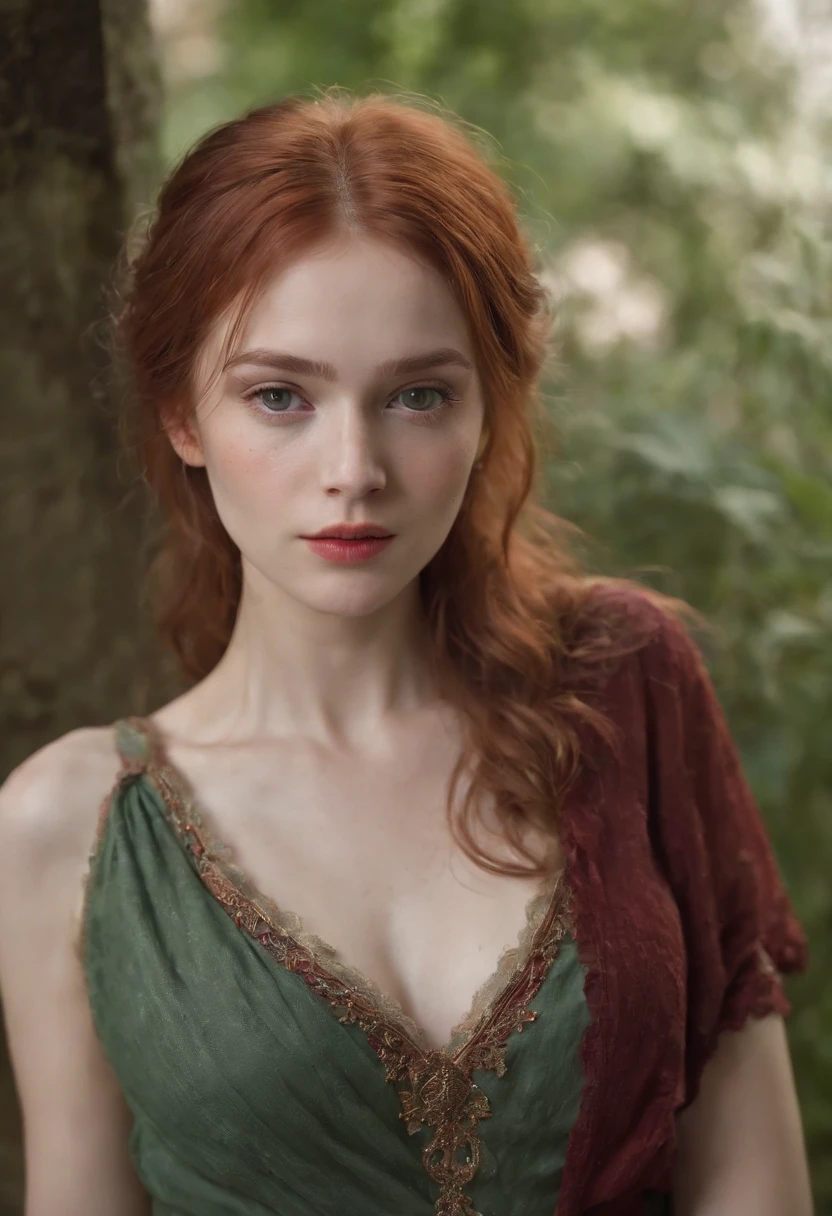 (((a deep reddish wound crosses her left cheek))) full body shot, fair complexion, woman around 19 years old, name Lyra, natural ginger hair, messy hair, distinctive green eyes, wearing summer dress, no bra, slender and graceful, beautiful, slightly sexually aroused, seductive pose, medium breasts, candlelight in a medieval setting, ultra sharp focus, realistic shot, tetradic colors (scar:1.4)