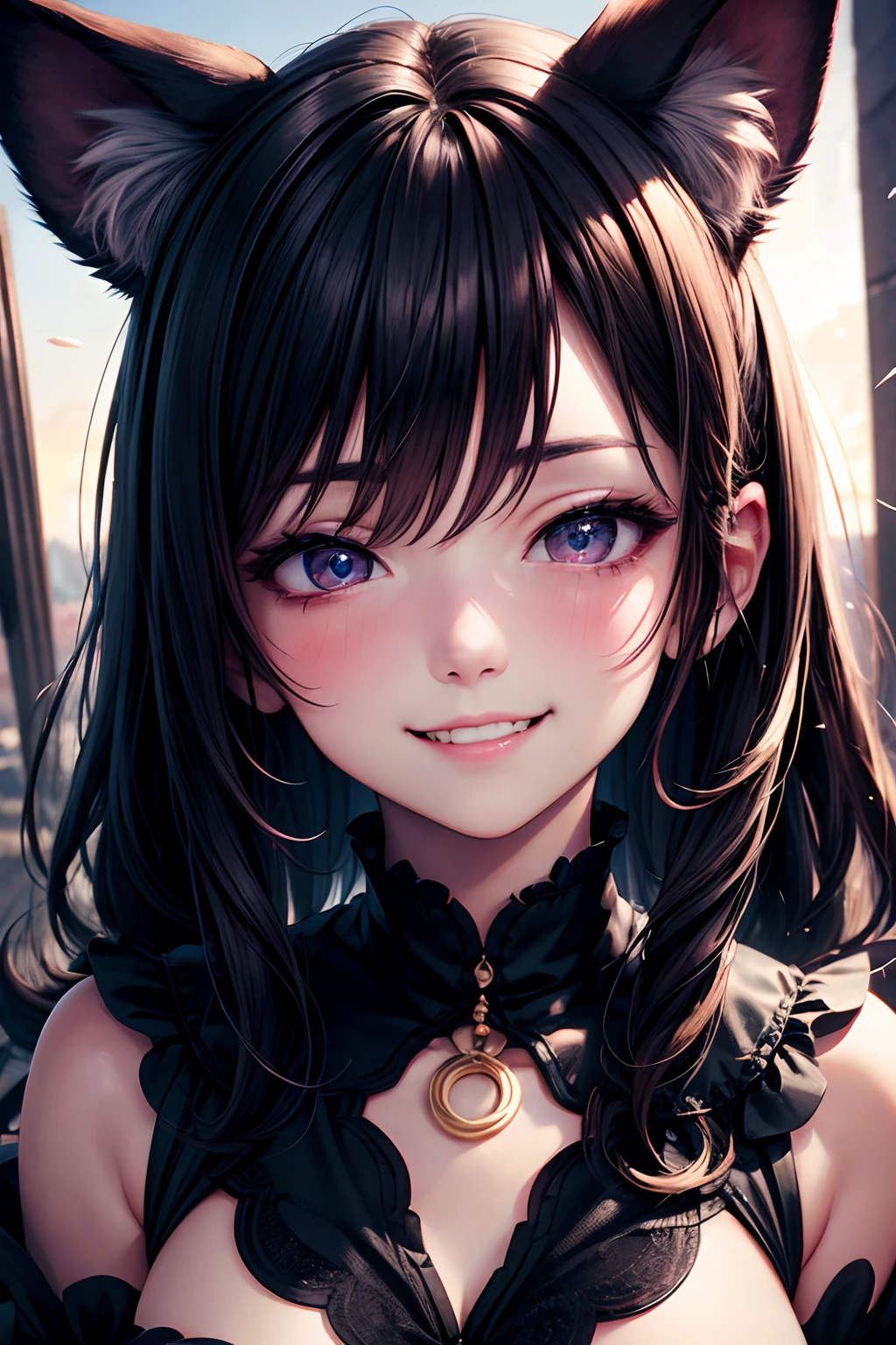 black hair, hair bobbles, wince, longeyelashes, solid circle eyes, fake animal ears, light smile, ear blush, fang, Surrealism, drop shadow, anaglyph, stereogram, tachi-e, pov, atmospheric perspective, 8k, super detail, ccurate, best quality