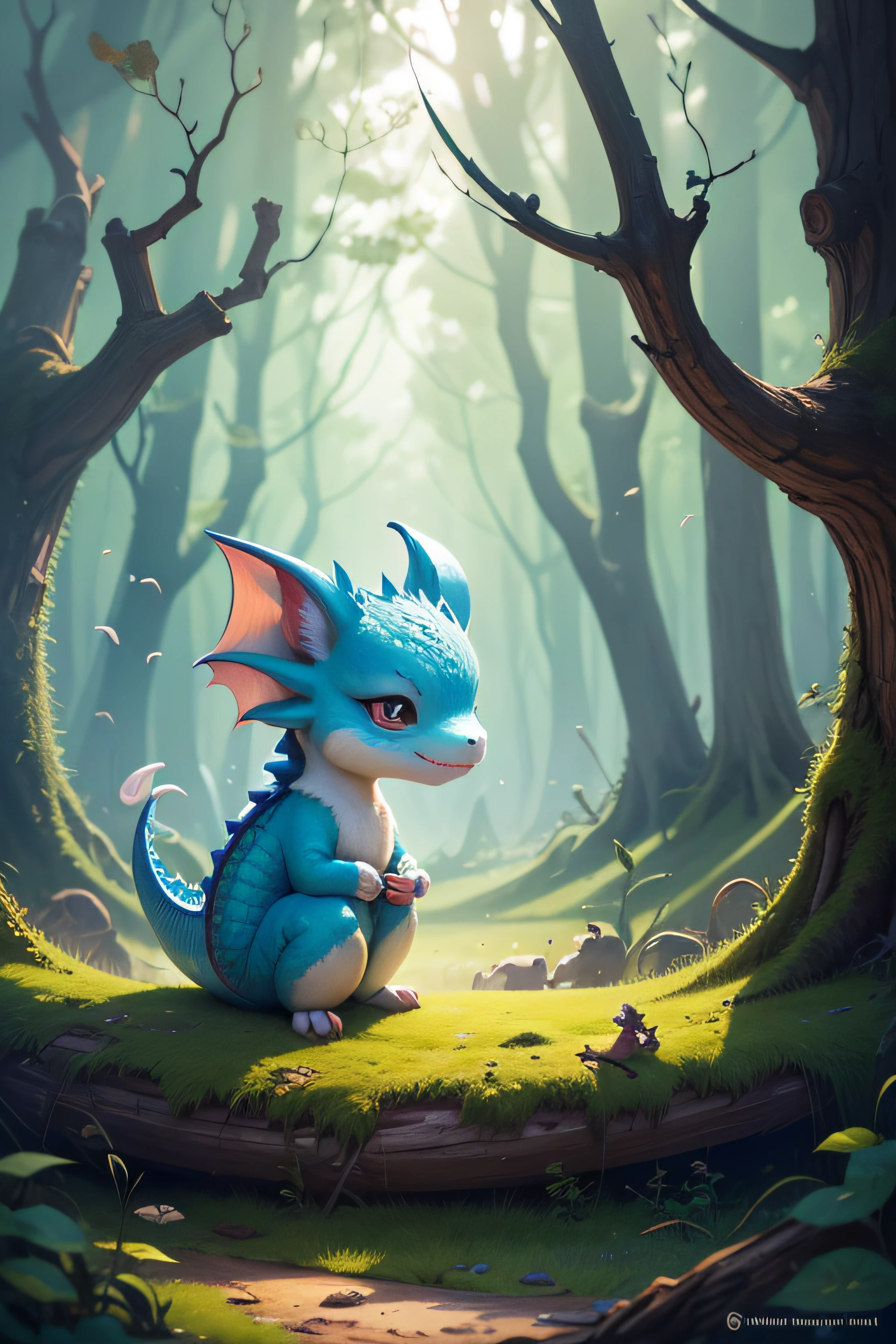 Create an illustration for a children's book of a cute dragon inside a cavena in the meip of a shackled forest