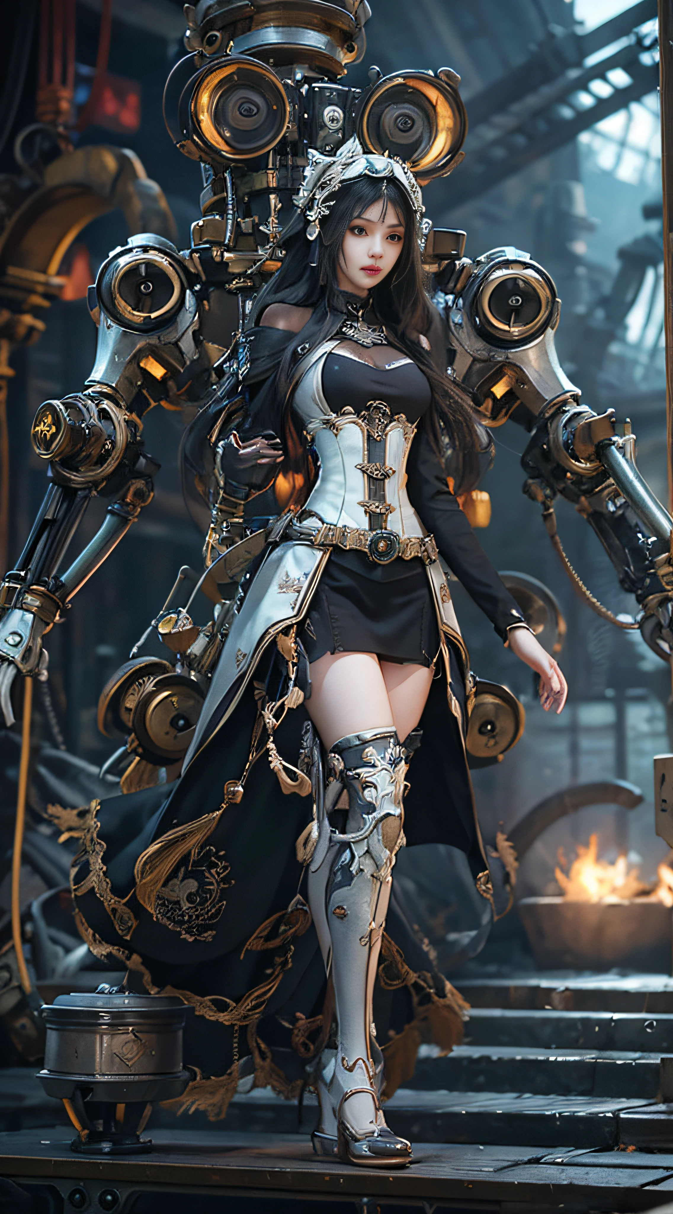 (((masterpiece, top quality, ultra detailed))), (((ultra photo-realistic 3D))), (((dramatic leap in overall accuracy, producing ultra detailed and realistic images))), complex machine j gimmick female android, Dynamic combat action poses, A fusion of very complex mechanical steampunk fashion and overly decorated Gothic Lolita fashion, Off the shoulders, Fluttering flare mini skirt, Complex mechanical temple steampunk headgear, Very large eyes, very long eyelashes, Black hair blown in the wind, very long thin arms, Complex mechanical gloves, very long thin legs, Complex mechanical over-the-knee stockings, Mandala, Lots of neon gras are crossed and scattered, Have a huge weapon with very complex mechanical devices, A highly complex machine shop surrounded by flames, Very dark night background, Very dramatic and cinematic lighting, (High dynamic range), Ray tracing, NVIDIA RTX, Super Resolution, Unreal 5, Subsurface scattering, PBR Texturing, Post-processing, Anisotropy Filtering, depth of fields, Maximum clarity and sharpness, Multilayer textures, Albedo and specular maps, Surface Shading, Precise simulated light material interactions, Perfect proportions, Octane Rendering, Two-tone lighting, Wide aperture, Low ISO, White Balance, thirds rule, 16K RAW,