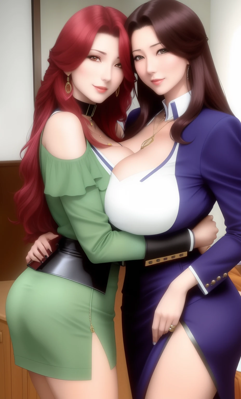 tmasterpiece,best qualityer,(There are only two people:1.3),Absolutely beautiful,Two mature women,hugs,huge tit, ecchi anime style,