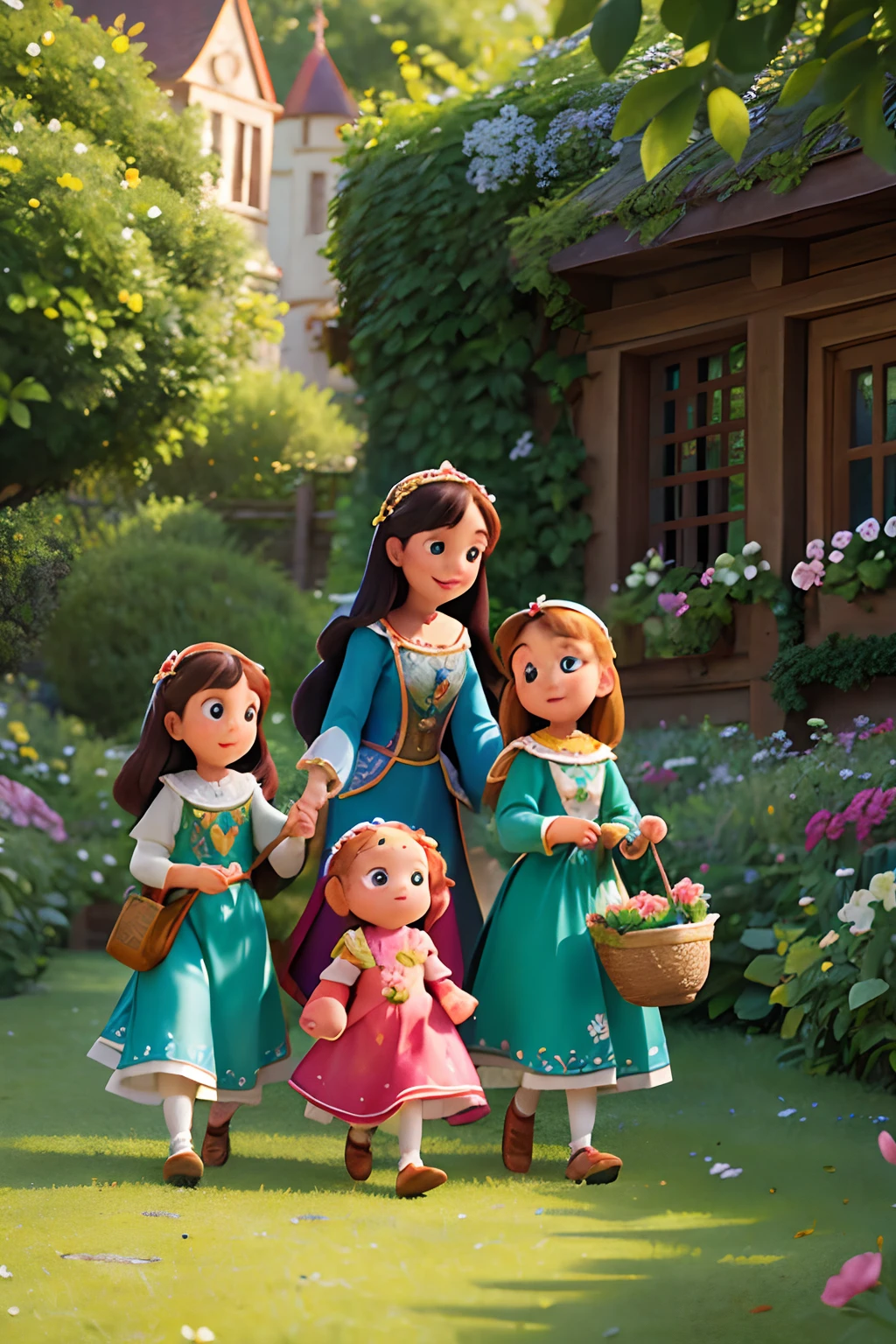 Disney Pixar cartoon style (high resolution: 1.2),Happy moment, medieval mother and three daughters, go shopping at village market, cheer, bunnies and duck, beautiful detailed eyes, lush green garden, long flowing hair, traditional medieval clothes, castle in the background, soft natural light, portrait, realistic colors, tranquil atmosphere, immaculate details, classic oil painting, antique style, jewel-toned stained glass windows, flowers blooming lushly, butterflies and birds flutter around, stories and mysteries revealed, an enchanting tale of love and family. cute face.
