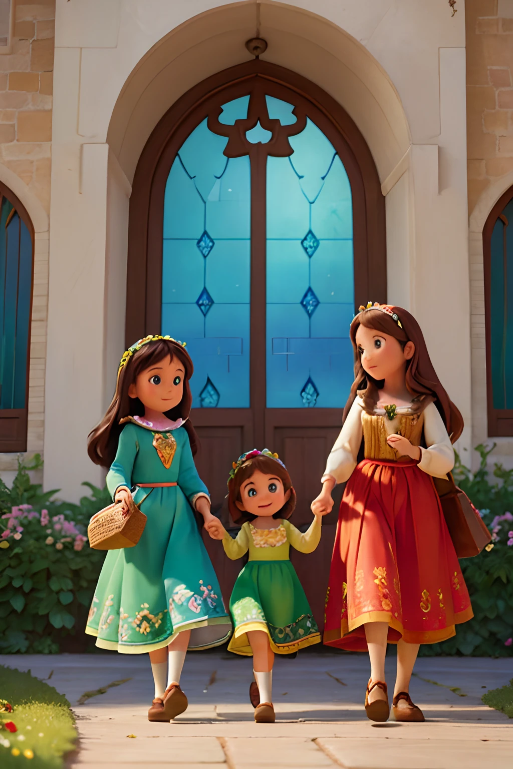 Disney Pixar cartoon style (high resolution: 1.2),Happy moment, medieval mother and three daughters, go shopping at village market, cheer, bunnies and duck, beautiful detailed eyes, lush green garden, long flowing hair, traditional medieval clothes, castle in the background, soft natural light, portrait, realistic colors, tranquil atmosphere, immaculate details, classic oil painting, antique style, jewel-toned stained glass windows, flowers blooming lushly, butterflies and birds flutter around, stories and mysteries revealed, an enchanting tale of love and family. cute face.