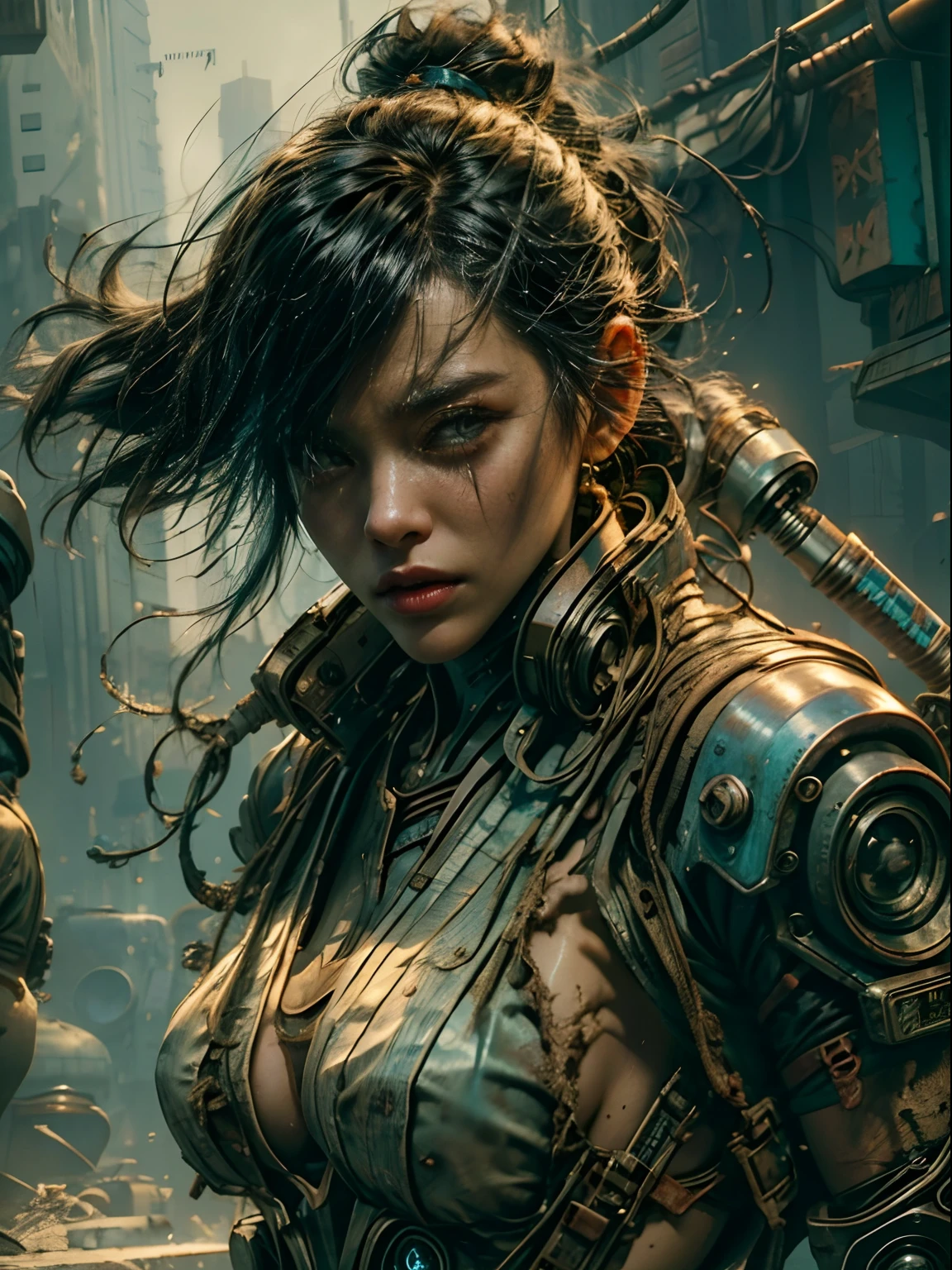 1 post apocalyptic Cyberpunk girl, close up cowboy shot, detailed Asian face, (NSFW), futuristic, mechanical aesthetics, complex machinery, high-tech futuristic ruined post apocalyptic Cyberpunk city in the background, virtual engine 5, cinematic lighting.