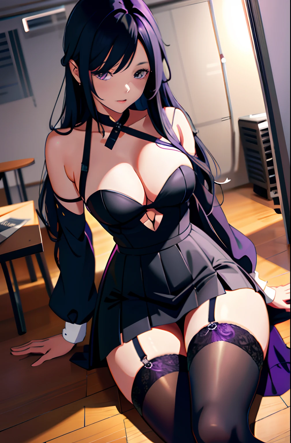 Whole body diagram,Super sexy pictures,Long black hair,Sexy figure,Dark black stockings,A woman in a purple dress, , Detailed anime artwork, Woman in short purple skirt,detailed anime art,