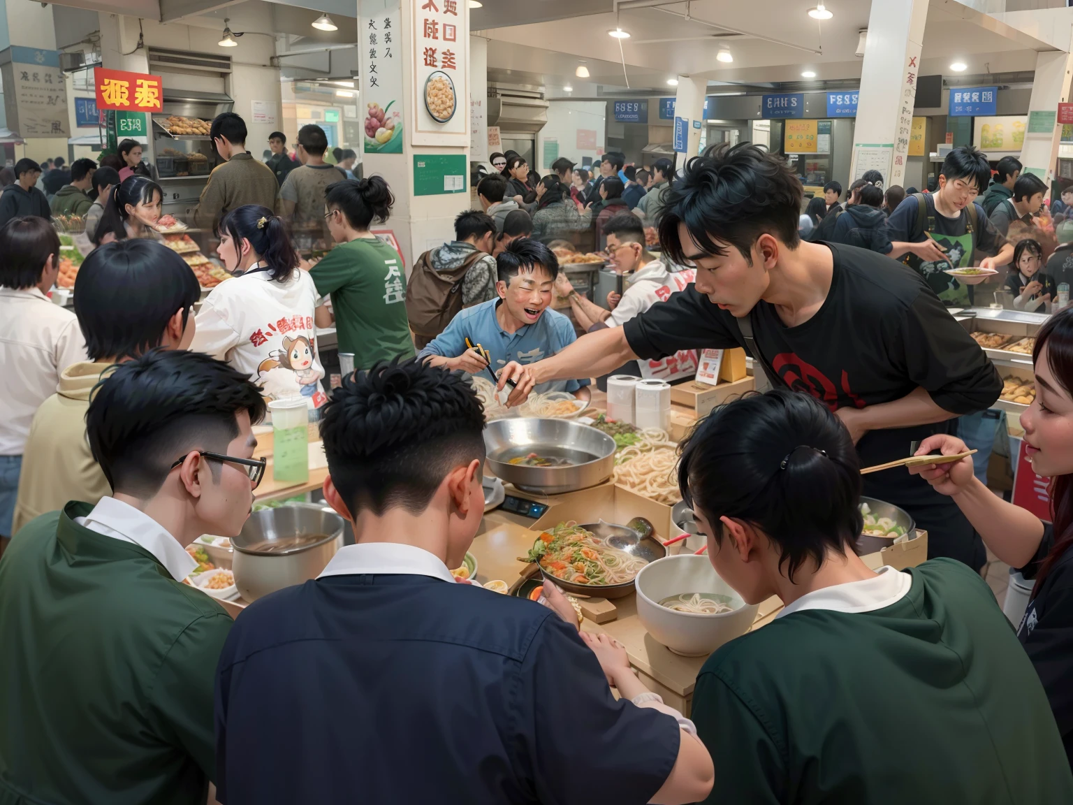 A group of young people stand next to a food stall,On top is a bowl of fragrant noodles ,in the style of the stars art group xing xing, 32K, Best quality, Masterpiece, Super detail, High details