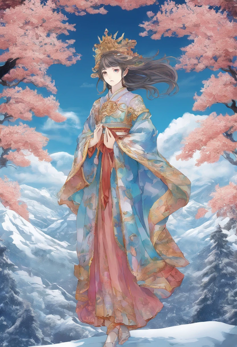 Kikurihime Hakusan, Goddess standing on snowy Hakusan mountain. Kikurihime's background is a cloudless blue sky。