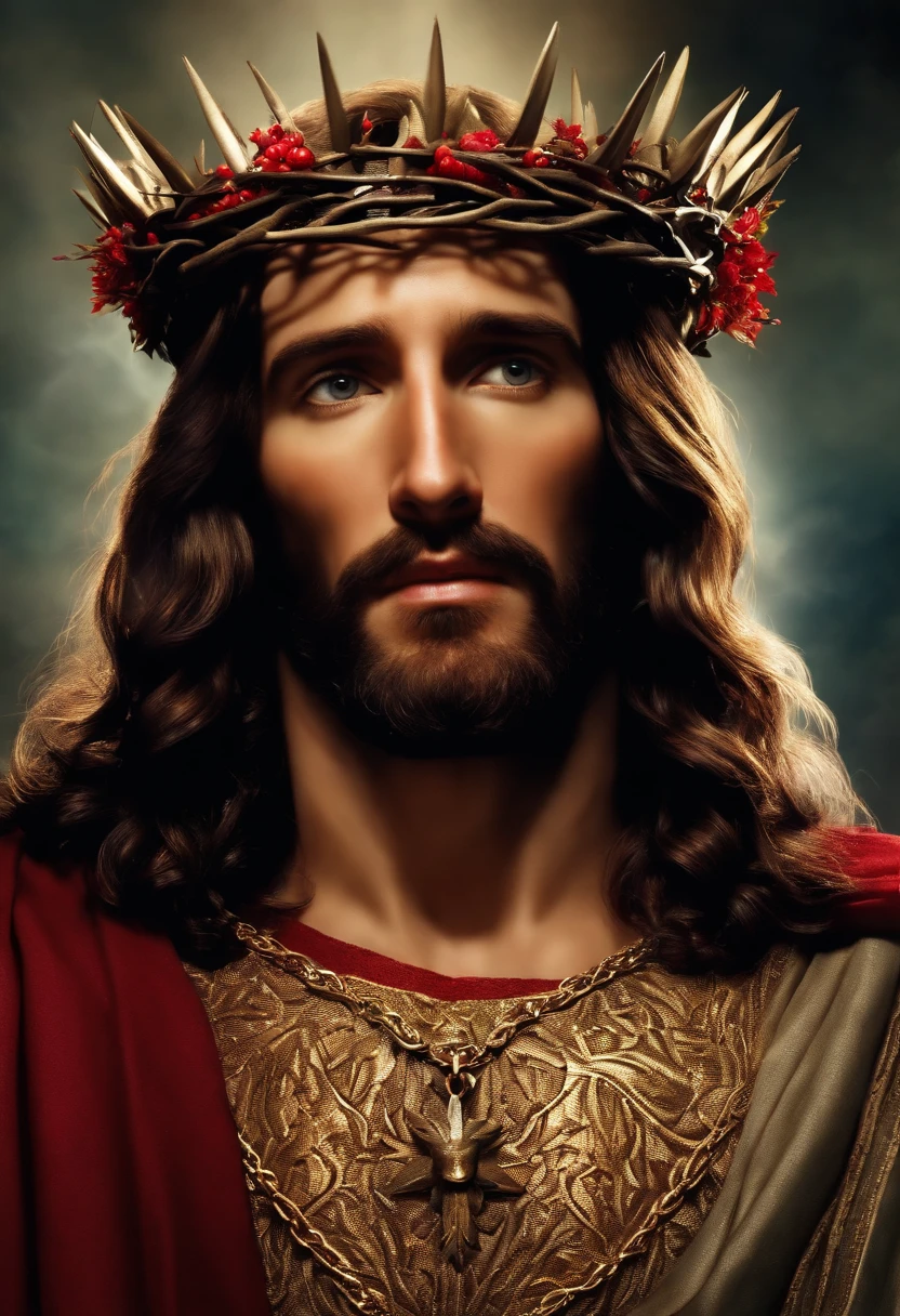 Jesus Christ wearing a crown made of thorns, looking at camera