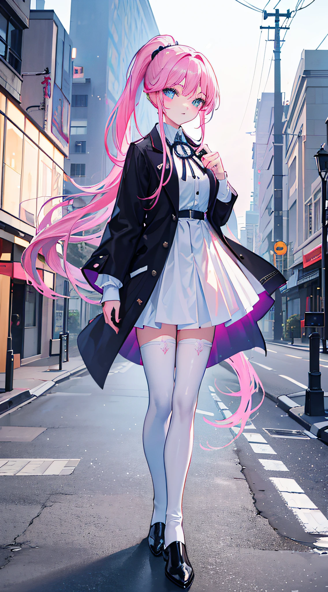 (Best quality,4K,high resolution, Masterpiece:1.2), Ultra-detailed, A girl with vibrant pink hair and blue eyes, With a lively ponytail, standing on a street curb, (Beautiful detailed eyes, Sparkling eyes filled with excitement:1.1), (Long double ponytail:1.1), Wearing a white suit, Short black cloak, Blue ankle boots, and white socks
