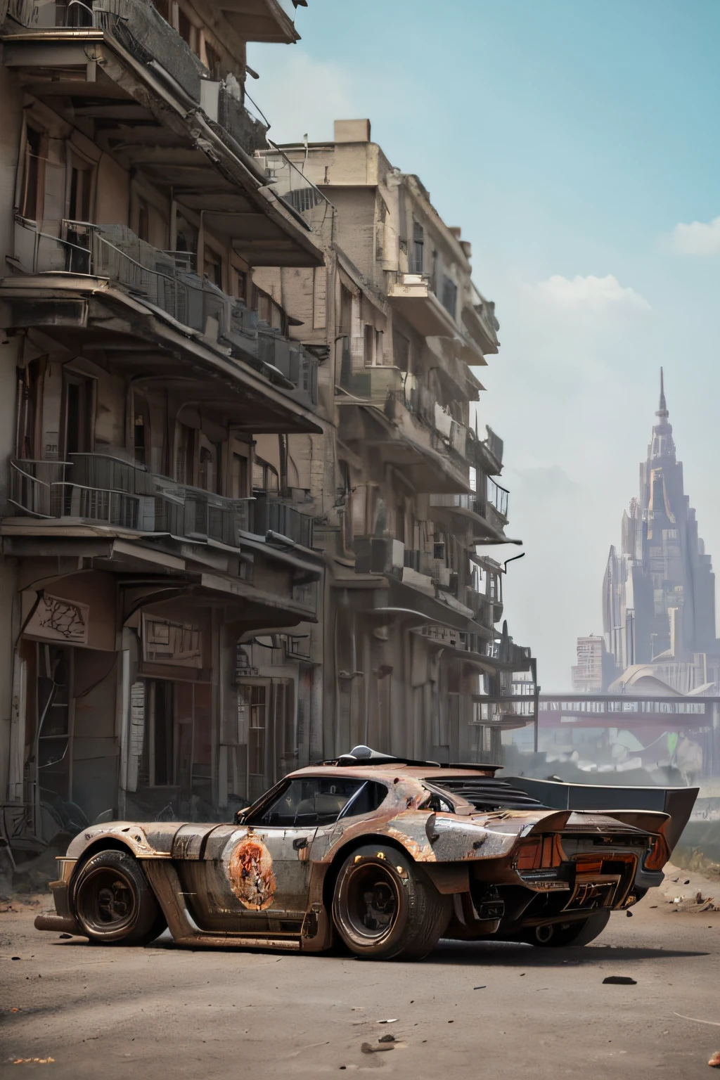 car, ciberpunk, Post-Apocalypse, damaged, The glasses are covered with a lattice, scratches on the corners, A little rusty, muddy, Against the background are tall ruined buildings with neon signs, Art Deco