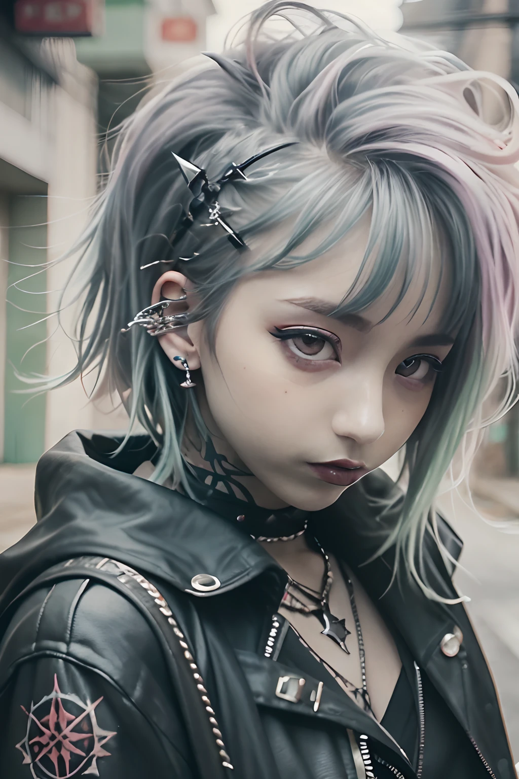 Mohican、、goth、(masutepiece), (Portrait), (Aesthetic), (Beautiful), (upper blody), (High quality), (aesthetic clothings), (professional angle), (thirds rule), (Feminine), (Woman), (Female), (Beautiful),(Feminine features), (25-years old), Solo, 1 woman, (Charming punk girl), Winters, Dramatic light, ((Playing guitar)), (Standing), Edgy makeup, (Small bust), ((electric guitar)), (Front face), (Defiant expression), ((defiance)), (Leather jackets and tattoos), ((Short hair)), (dyed (E.G. and pinks) hair), (spiky hair), (Thick hair), Matte Shine Hair, (Hair bands scattered in the hair), (Green eyes), (Bold and bold look), (pale skin), (Dark clothes), (Band T-shirt), (Ripped jeans), (-), crew neckline), ((Urban alley background)), (up close shot), Beautiful hands, Two hands, normal hands, Two arms, complete hands, Beautiful body, Beautiful fingers, normal fingers, Five Fingers, Five Fingers, (Thumb index finger ring finger), Beautiful ears, normal ears, Beautiful eyes, shiny eyes, Beautiful mouth, Beautiful lips,