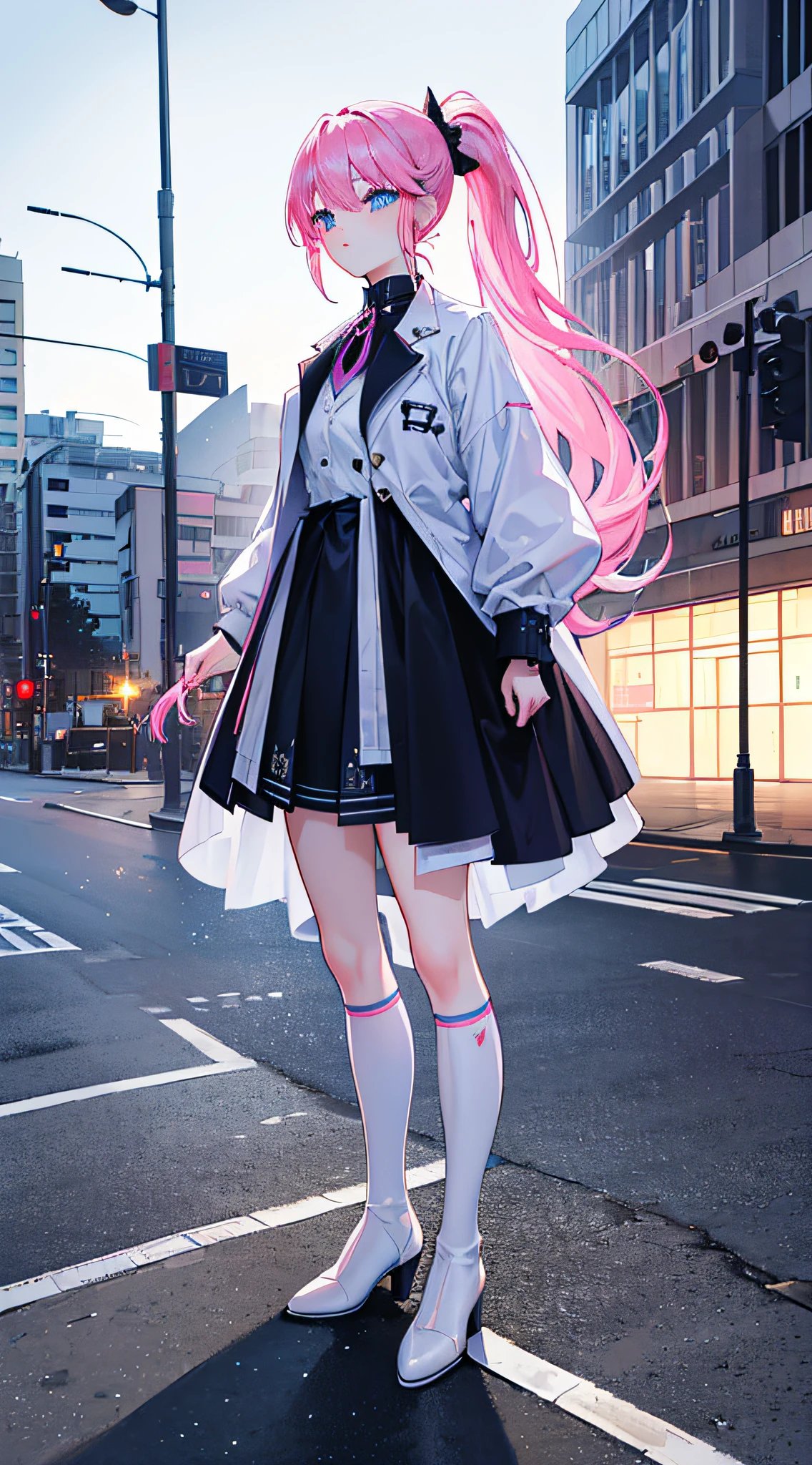 (Best quality,4K,high resolution, Masterpiece:1.2), Ultra-detailed, A girl with vibrant pink hair and blue eyes, With a lively ponytail, standing on a street curb, (Beautiful detailed eyes, Sparkling eyes filled with excitement:1.1), (Long double ponytail:1.1), Wearing a white suit, Short black cloak, Blue ankle boots, and white socks