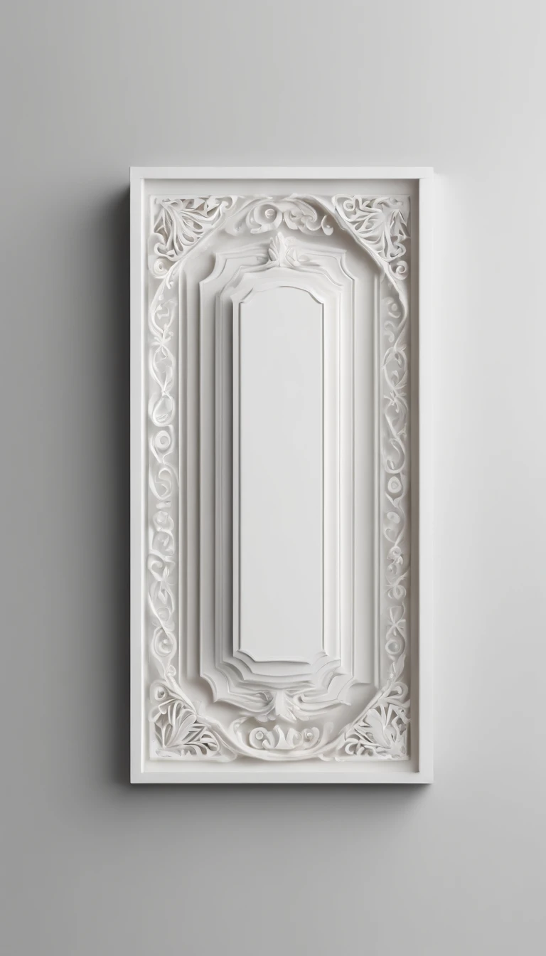 3D white pop-out name plate, horizontal name plate, rounded rectangle name plate, blank name plate, relief surround name plate, meticulously carved, white ivory carving, minimalistic, white spaces, pastel, javanese style, blank background, multidimensional paper fog crafts, paper illustration, portrait angle view, surabaya, 8k,chick, elegant, satisfying, forrestrial, high resolution, 8k