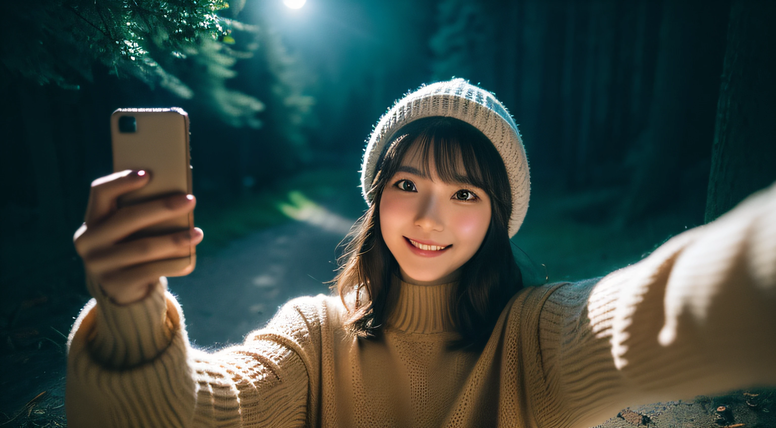 VeronicaCipher ((Upper body selfie, Happy)), masutepiece, of the highest quality, Ultra Detail, Solo, Outdoors, (Night), mont, Nature, (Star, Moon) Cheerful, Happy, hand armor, Sweaters, hat, flash lights, forest, Rock, River, Wood, Smoke, Shadow, Contrasty, crystal clear skies, analog style (look at viewr:1.2) (Skin Texture) (Film grain: 1.3), (Warm shades, Warm tones): 1.2), close-up, Cinematic Light, side lights, Ultra High Resolution, Best Shadow, raw, wearing pullover, kodak vision 3,