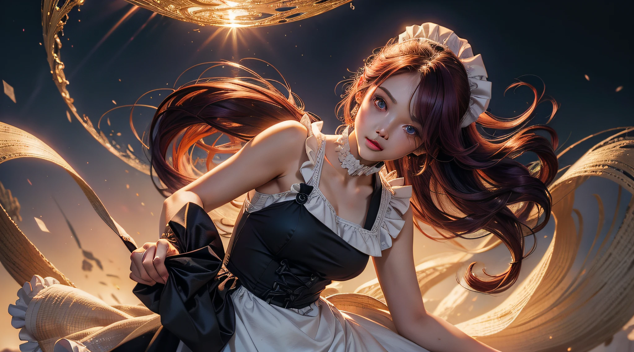 Masterpiece,(Best Quality, illustartion,Detailed Face:1.3),(1girl,独奏:1.3),beautiful detail eyes,  apron, Gradient_Background, Gradient, maiden, violet eyes,red hair,small breasts,, BREAK, enmaided, White_apron, black_Dress, pony tail, black_footwear, frilled_apron, Dress, maiden_apron, alternate_Hair,extra very long hair, split_pony tail, Halo