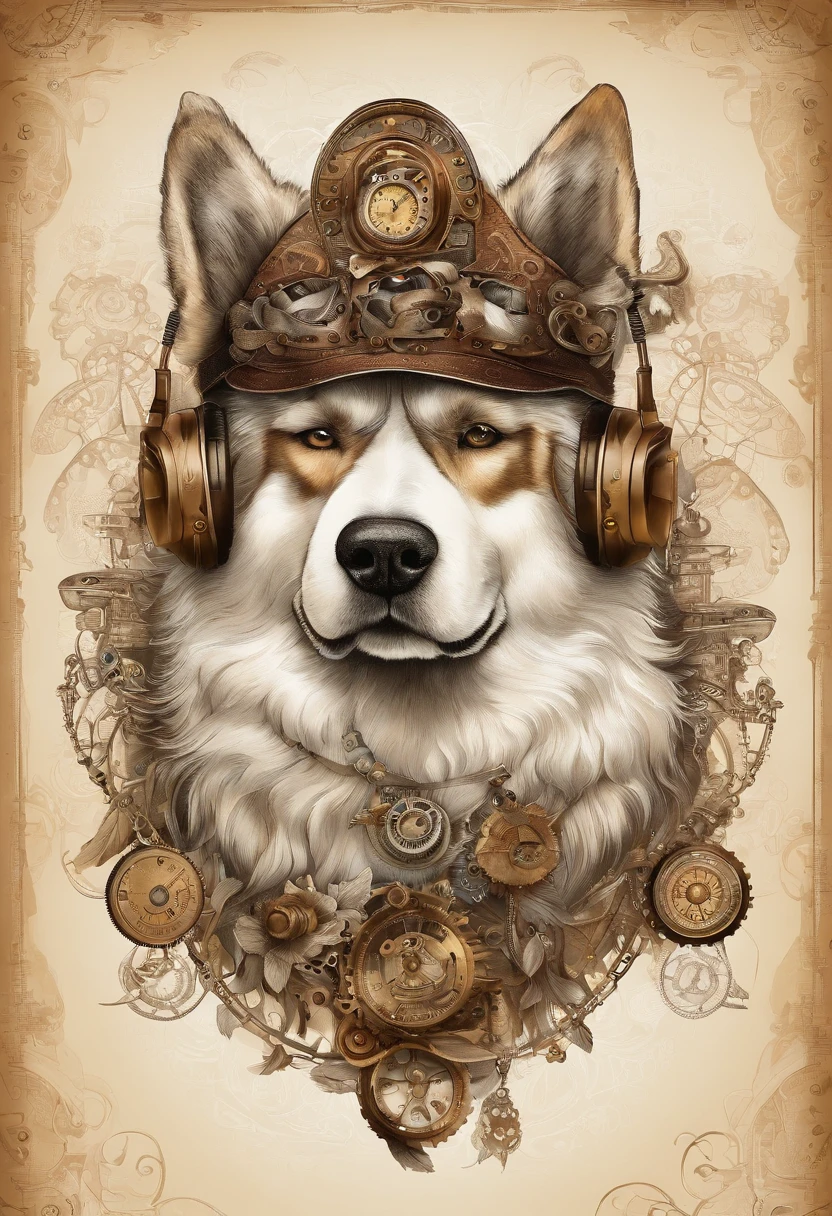Samoyed in headphones and a bandana around his neck