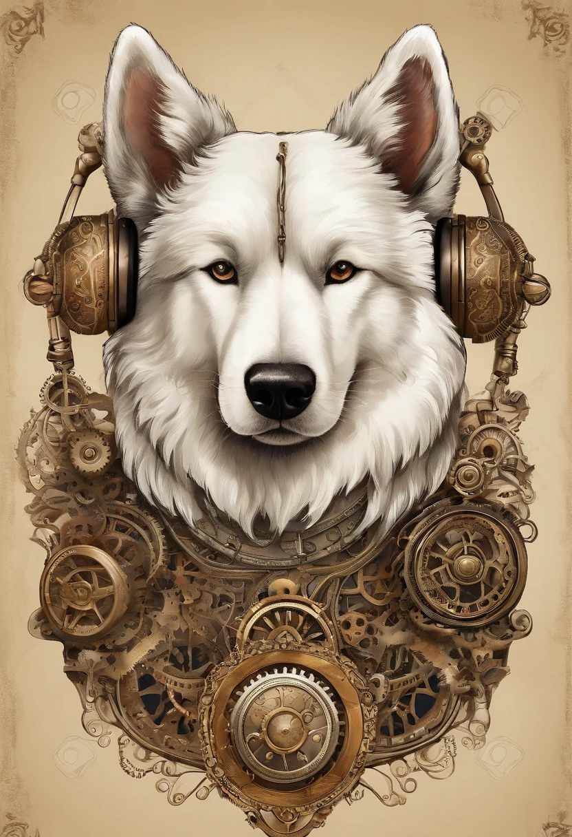 Samoyed in headphones and a bandana around his neck
