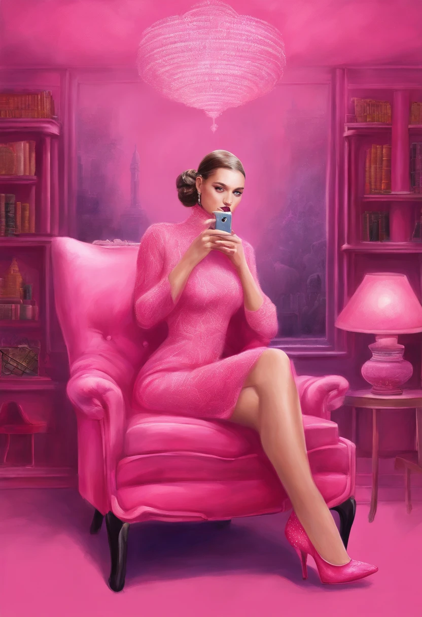 There is a woman sitting in a chair with a cell phone, Pink light, inspired by Ray Caesar, pinkish lighting, pink lighting, Aura pink, woman looks like Gigi Hadid and Bella Hadid, she is sitting in a pink fluffy chair, cpink matrix light,, inspired by Chris LaBrooy, retrofuturistic female android, Dramatic pink lighting, android heroine, pink light, Biophilia mood. The woman is wearing pink midi dress and black boots on heels, her hair is in a sleek bun