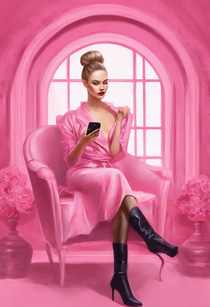 There is a woman sitting in a chair with a cell phone, Pink light, inspired by Ray Caesar, pinkish lighting, pink lighting, Aura pink, woman looks like Gigi Hadid and Bella Hadid, she is sitting in a pink fluffy chair, cpink matrix light,, inspired by Chris LaBrooy, retrofuturistic female android, Dramatic pink lighting, android heroine, pink light, Biophilia mood. The woman is wearing pink midi dress and black boots on heels, her hair is in a sleek bun