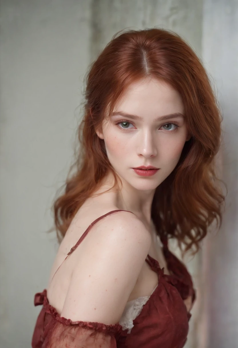 RAW photo, highest quality, (masterpiece: 1. 3), high detail RAW color photo, professional photo, extremely detailed CG 8k wallpaper unit, photo-realistic, realistic, RAW photo, masterpiece, best quality, highres, illustration, 1girl, 18 YEARS, short, tiny girl, thin, white, redhead, red hair, red hair with curls, wavy hair, curly hair, average length, hair tied up, thin legs, perfect beautiful face with freckles, cardune lips, beautiful realistic eyes, green right eye, blue left eye, heterochromia, pale skin, detailed skin texture, flat breasts, very small breasts, small ass. Red roses tattooed on the shoulders, tattoos of pagan symbols on the forearms and hands. Slim, slender body. Redhead. Smile. Coming out of the shower. Sweaty. Performing oral sex. Witch style. Pagan style, Celtic, Wiccan. Scottish. Lying on the bed with her legs open. She looks amazing. (metal glasses, necklace with pentagram pendant, detailed design), bed, luxurious four, night.