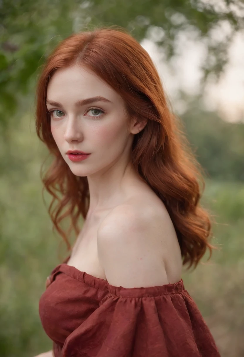 (((a deep reddish wound crosses her left cheek))) full body shot, fair complexion, woman around 19 years old, name Lyra, natural ginger hair, messy hair, distinctive green eyes, wearing summer dress, no bra, slender and graceful, beautiful, slightly sexually aroused, seductive pose, medium breasts, candlelight in a '60s setting, ultra sharp focus, realistic shot, tetradic colors (scar:1.4)