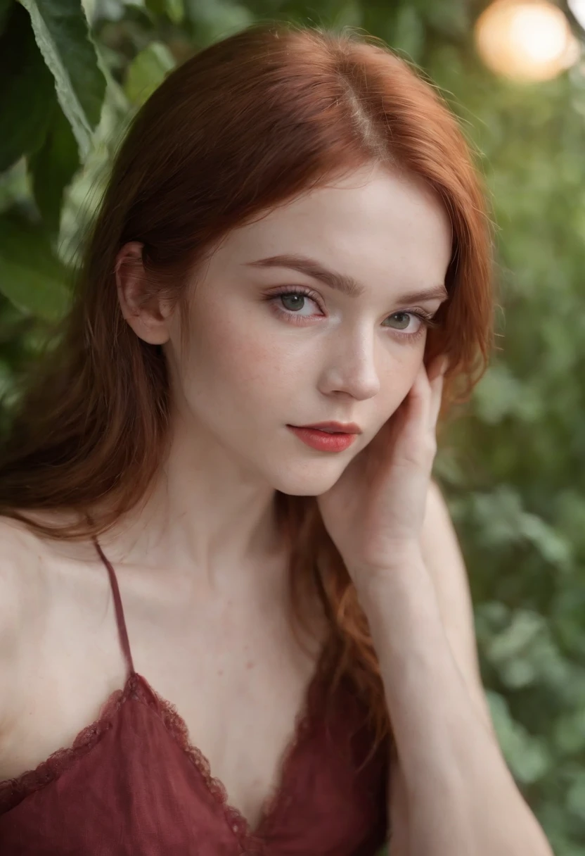 (((a deep reddish wound crosses her left cheek))) full body shot, fair complexion, woman around 19 years old, name Lyra, natural ginger hair, messy hair, distinctive green eyes, wearing summer dress, no bra, slender and graceful, beautiful, slightly sexually aroused, seductive pose, medium breasts, candlelight in a '60s setting, ultra sharp focus, realistic shot, tetradic colors (scar:1.4)