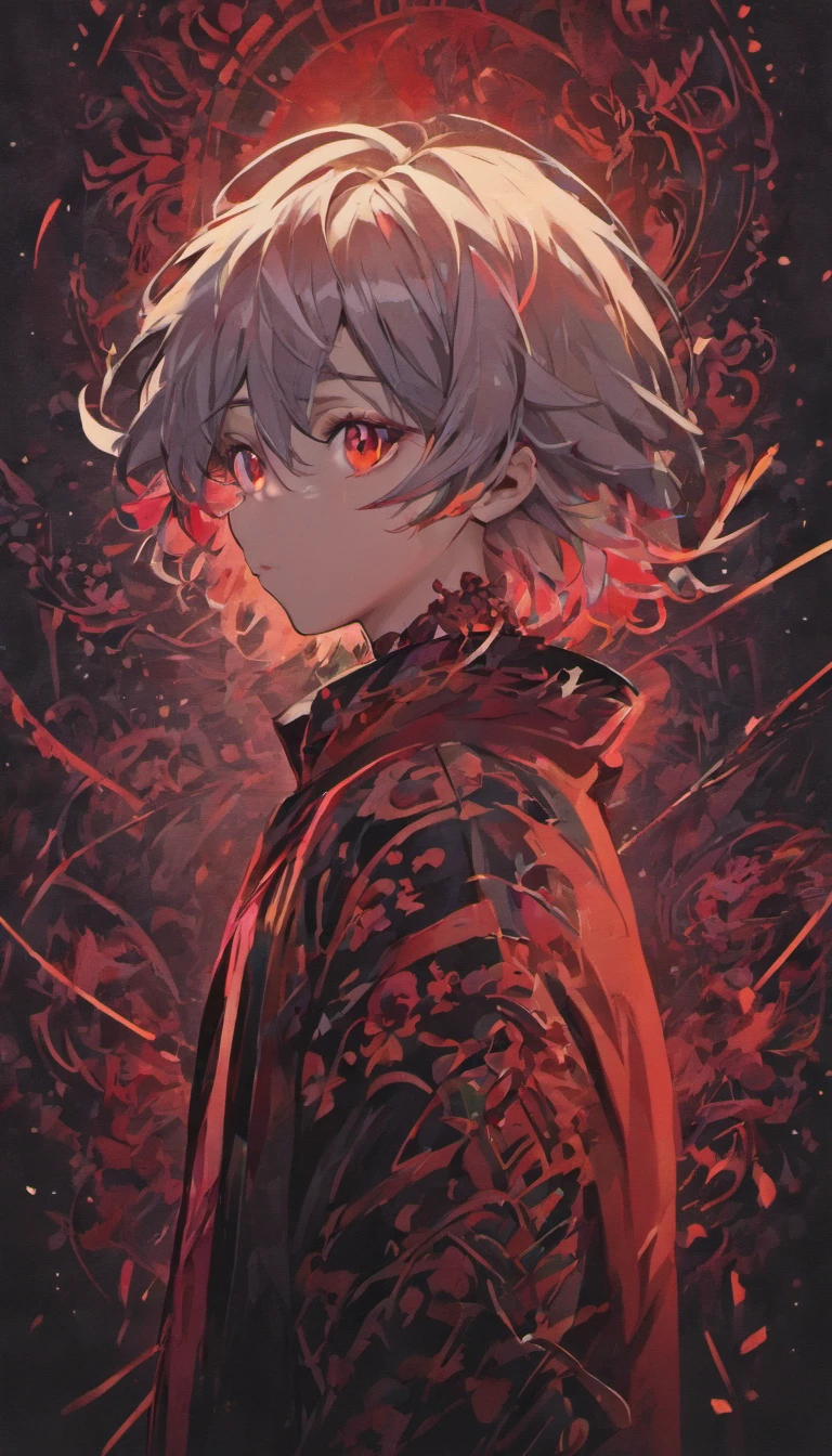 (Black background:1.4),(Silhouette of a boy's head, Red Eyes, Colorful long gray hair, Oriental elements, In the Dark),(Chinese Illustration:1.3,paper art:1.3, Quilted Paper Art:1.2),( Reasonable design, Clear lines, High Sharpness,Best Quality, Very detailed, masutepiece, Movie Light Effects, 4K )