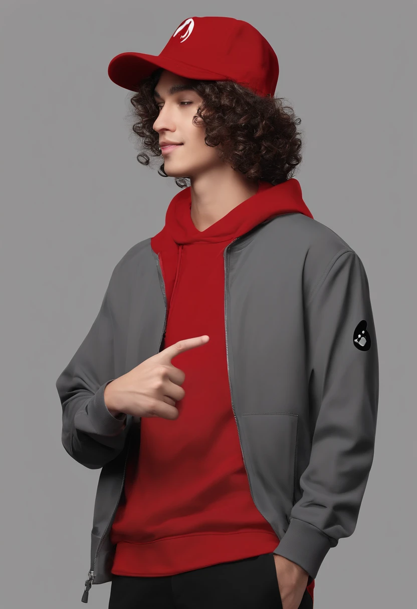 ((boy)),((dark brown light curly hair)), ((wearing grey hat)), ((hat type: bucket hat)), ((hat color: grey)), ((design on hat: simple white smiley face)), ((wearing grey bucket hat with a simple white smiley face )), ((brown hair)), ((race: Hispanic)), ((clothing: red hoodie)), ((wearing red hoodie)), ((nothing on red hoodie)), (( basic red hoodie)), ((pose: doing a peace sign with his hands)),((happy)), ((eyes closed)), ((smiling)), ((eyes closed because of smiling)), ((black pants)), ((gradient of red and black background))