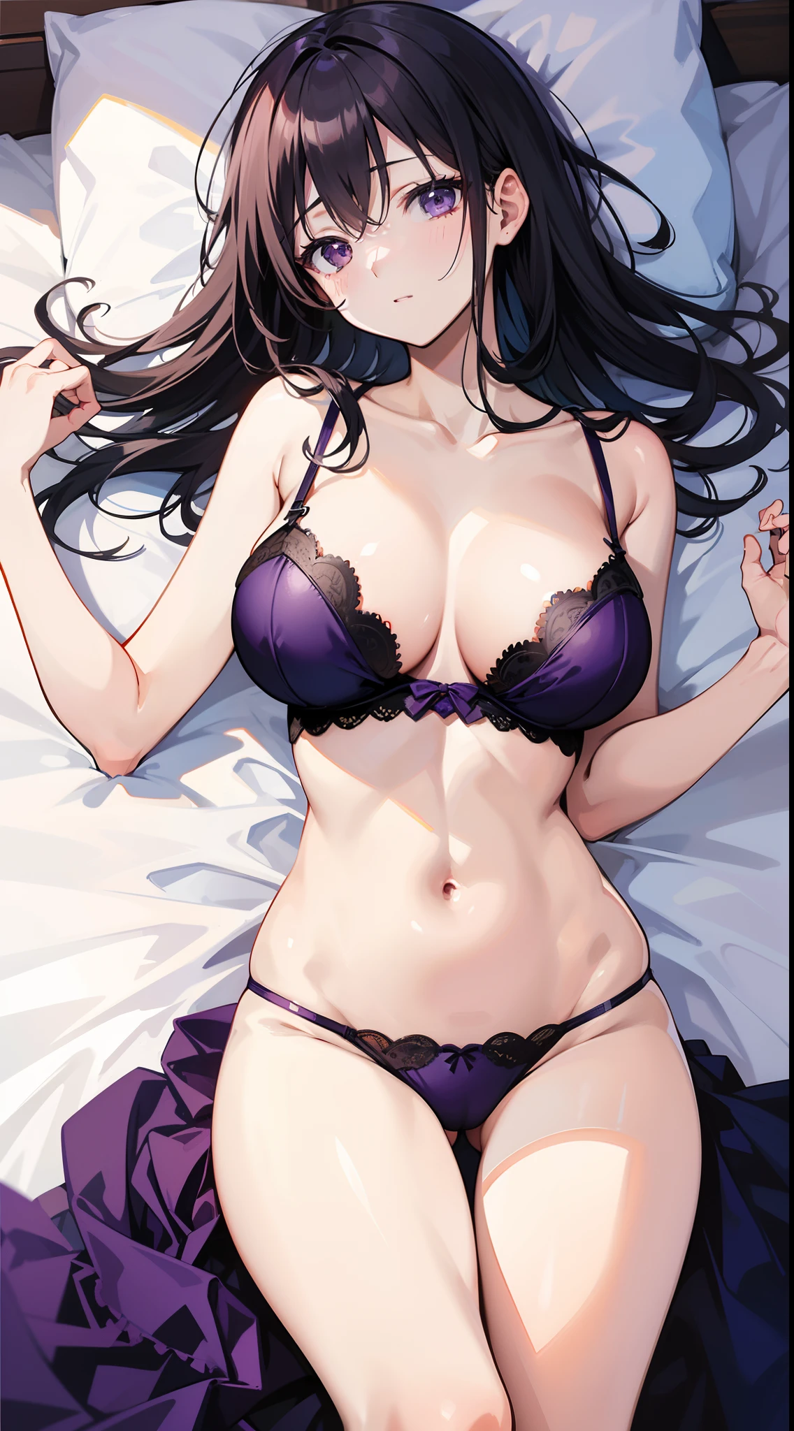 masutepiece、hight resolution、1girl in、in one's underwear only、Dark purple lingerie、large full breasts、Lying on your back in bed、Cute anime illustration、