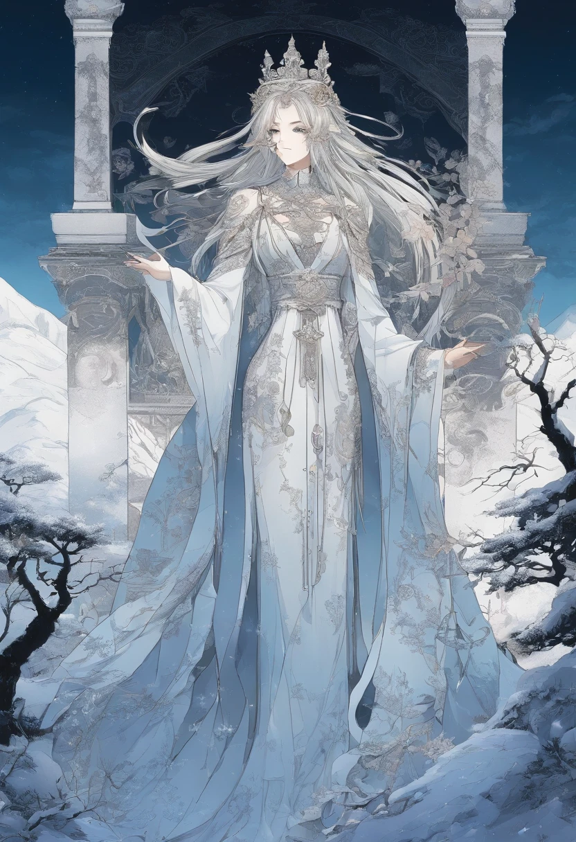 Kikurihime Hakusan, Goddess standing on snowy Hakusan mountain. Kikurihime's background is a cloudless blue sky。