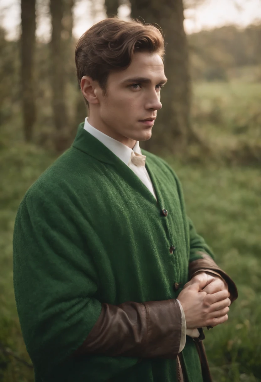 retrato de 2 homens jovem e bonitos, 22 anos, vestido roupas feitas de pele de carneiro branco, fanatical face, in green field on sharp focus background, Studio Photography, detalhes intrincados, altamente detalhado, Esmaltado; mysterious lighting