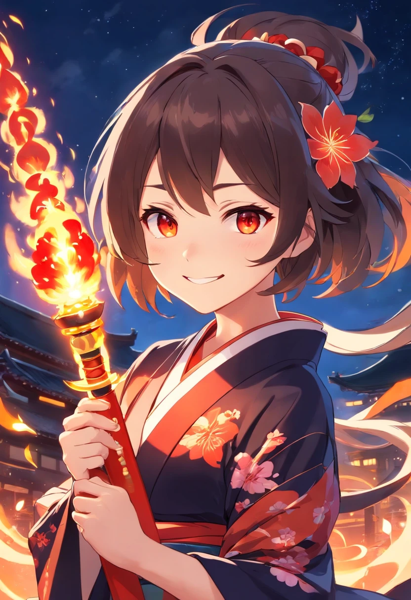 Hu tao genshin impact, grinning, polearm, cute fire kimono, flower eyes, detailed eyes, red eyes, black dress, fire pattern, night sky background