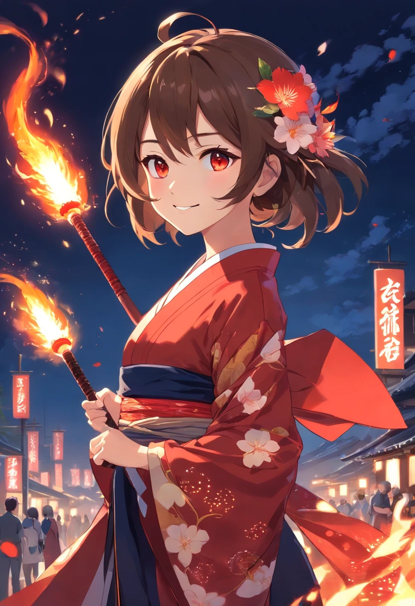 Hu tao genshin impact, grinning, polearm, cute fire kimono, flower eyes, detailed eyes, red eyes, black dress, fire pattern, night sky background