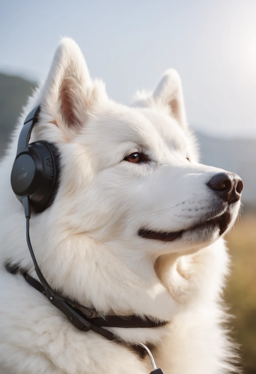 Samoyed in headphones and a bandana around his neck