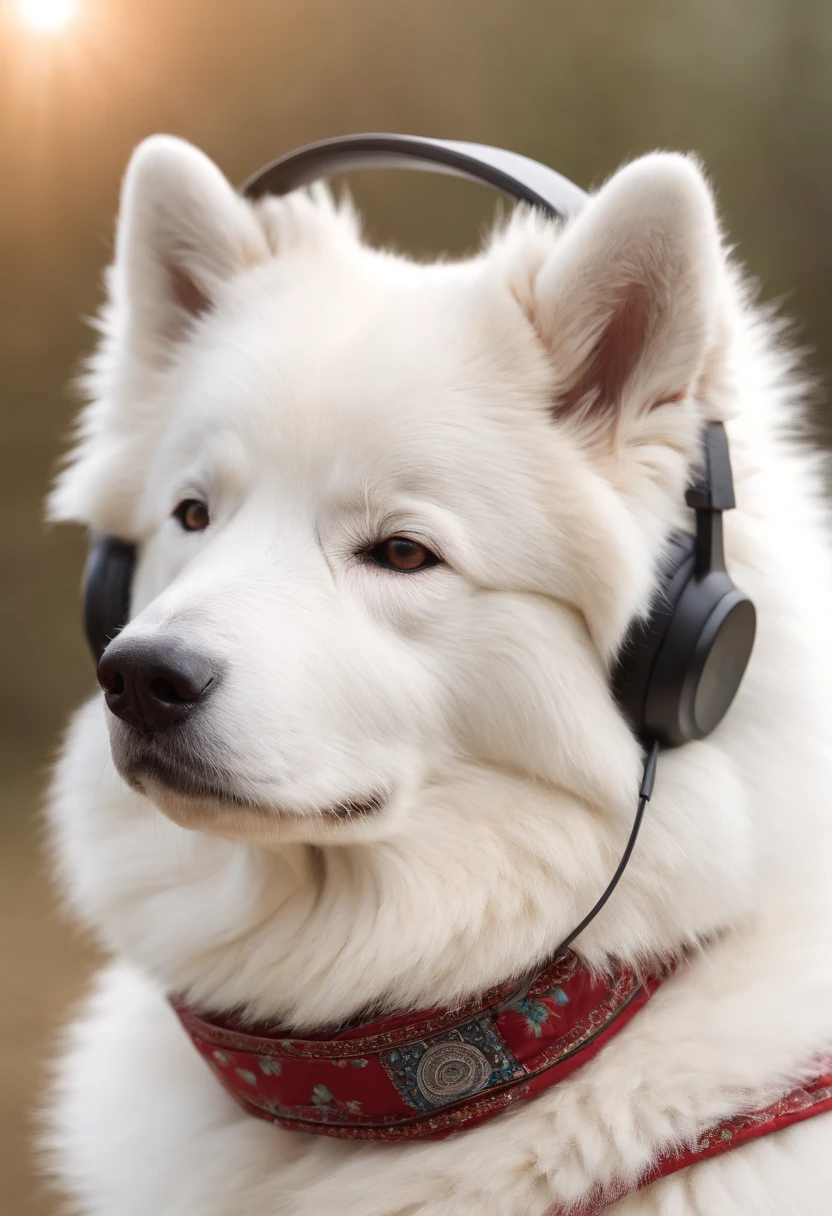 Samoyed in headphones and a bandana around his neck