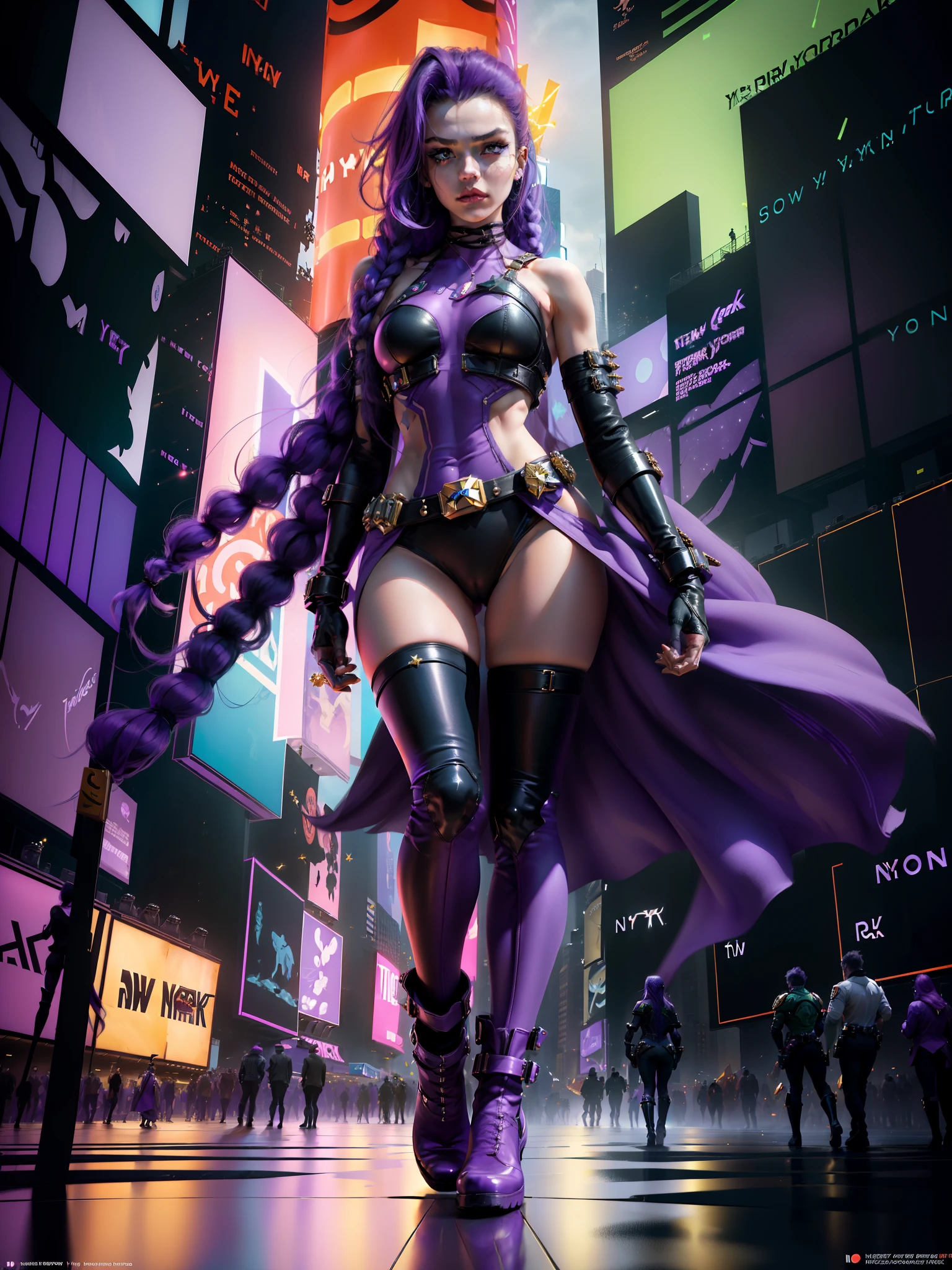 (New York :1.5), (time square :1.5)Starfire, whose real name is Koriand'r, is a DC Comics character and member of the Teen Titans. She is an alien from the planet Tamaran and has a unique physical appearance and perfect clear pretty face: Physical appearance: Koriand'r has an exotic appearance and physical characteristics that distinguish her as a Tamaranean: Skin color: Her skin is orange, a reddish tone and orange characteristic of their alien race. This is a notable feature that makes it easily recognizable. HAIR: Koriand'r has long, wavy purple or violet hair that falls to her shoulders or back. Eye: Her eyes are usually portrayed as green, and they can emit a green glow when she uses her powers. Height and Physical Shape: She is tall and slender, with an athletic figure that reflects her superhuman strength and ability to fly. Typical costume: Starfire's costume is quite iconic and reflects her alien origin and star powers: Bodysuit: She wears a bodysuit that covers her entire body. The costume is usually in (purple or black color :1.5) and has star-style details in green or gold. The bodysuit is often decorated with a star on the chest, which is a striking feature. Boots and Gloves: Starfire wears knee-high boots and gloves that match her look. These boots and gloves also often have stellar details, like stylized stars or sparkly patterns. Shovels: She usually wears a belt that can be decorated with a star as a buckle. hair: she usually wears her hair long, which adds an additional touch of exoticism to her look. (minimal clothes: 1.5), (large breasts: 1.3), (hanging breasts: 1.5), (disproportionate breasts: 1.4), (realism:1.5), (Realisitc:1.4), (Absurd:1.4), 8k, ultra- detailed, detailed handsome man, (only:1.4), 1girl, (Viewer facing:1.2), Intricate body details, (Curvy:1.3),(short:1.3