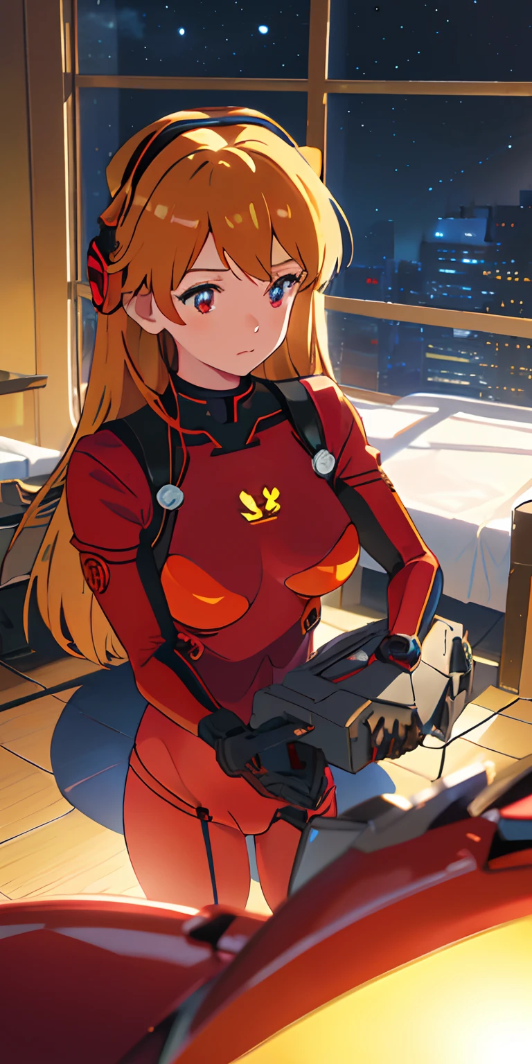 (Overhead view),dynamic angle,ultra-detailed, illustration, close-up, straight on, 1girl, 
 ((souryuu asuka langley, interface headset, red bodysuit:1.4, blonde)),Her eyes shone like dreamy stars,(glowing eyes:1.233),(beautiful and detailed eyes:1.1),(expressionless,closed mouth),(standing), 
(mechanic room with toolsand spaceship windowin a white SPACESHIP),
(night:1.2),dreamy, [[delicate fingers and hands:0.55]::0.85],(detail fingers),