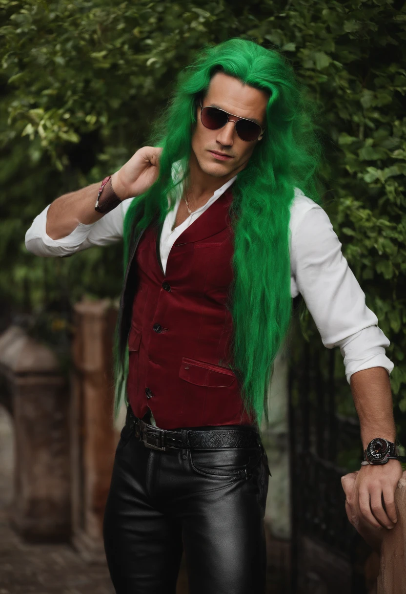 man, Glasses, long green hair, Red Eyes, leather clothes, hands on pockets