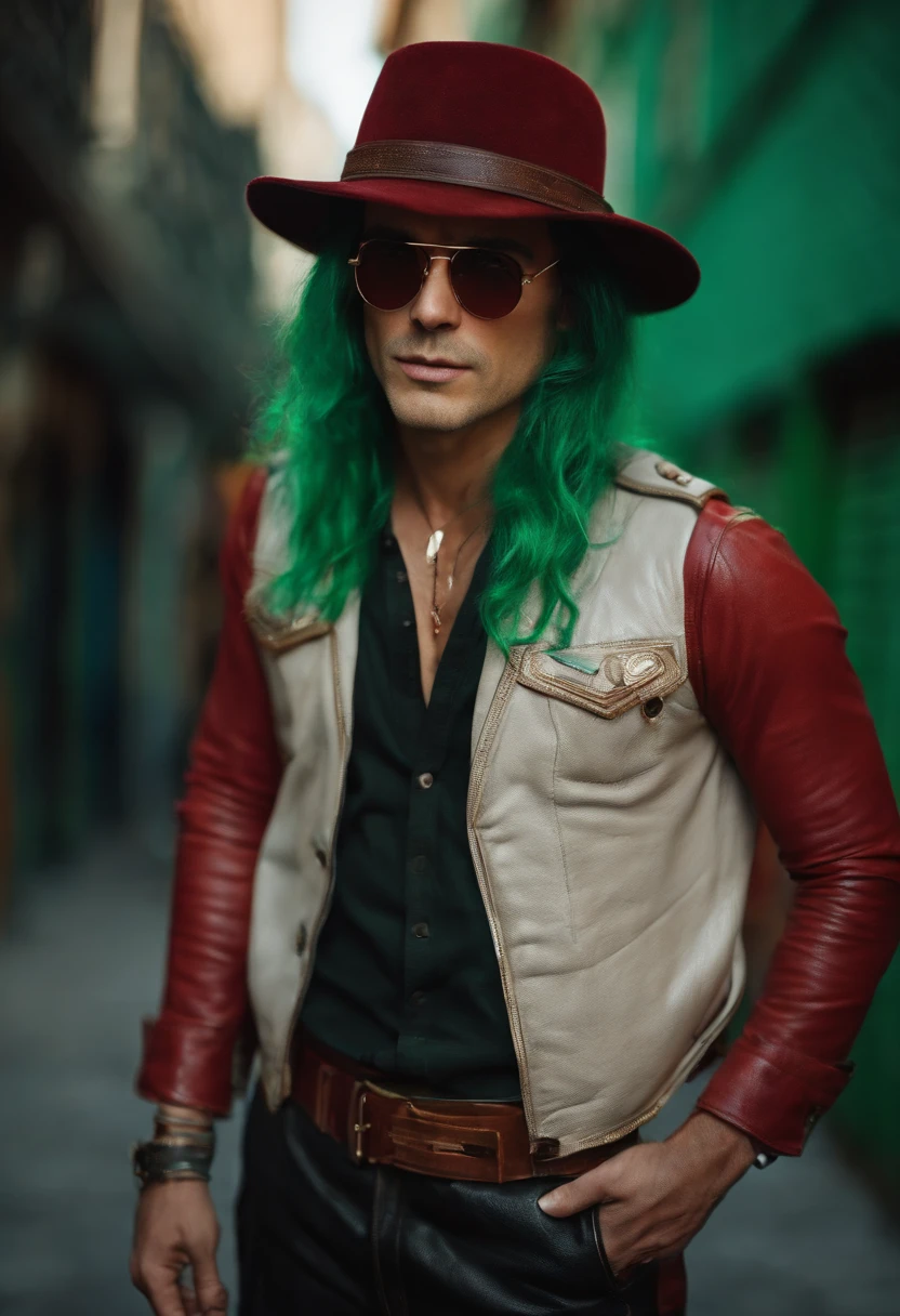man, Glasses, long green hair, Red Eyes, leather clothes, hands on pockets