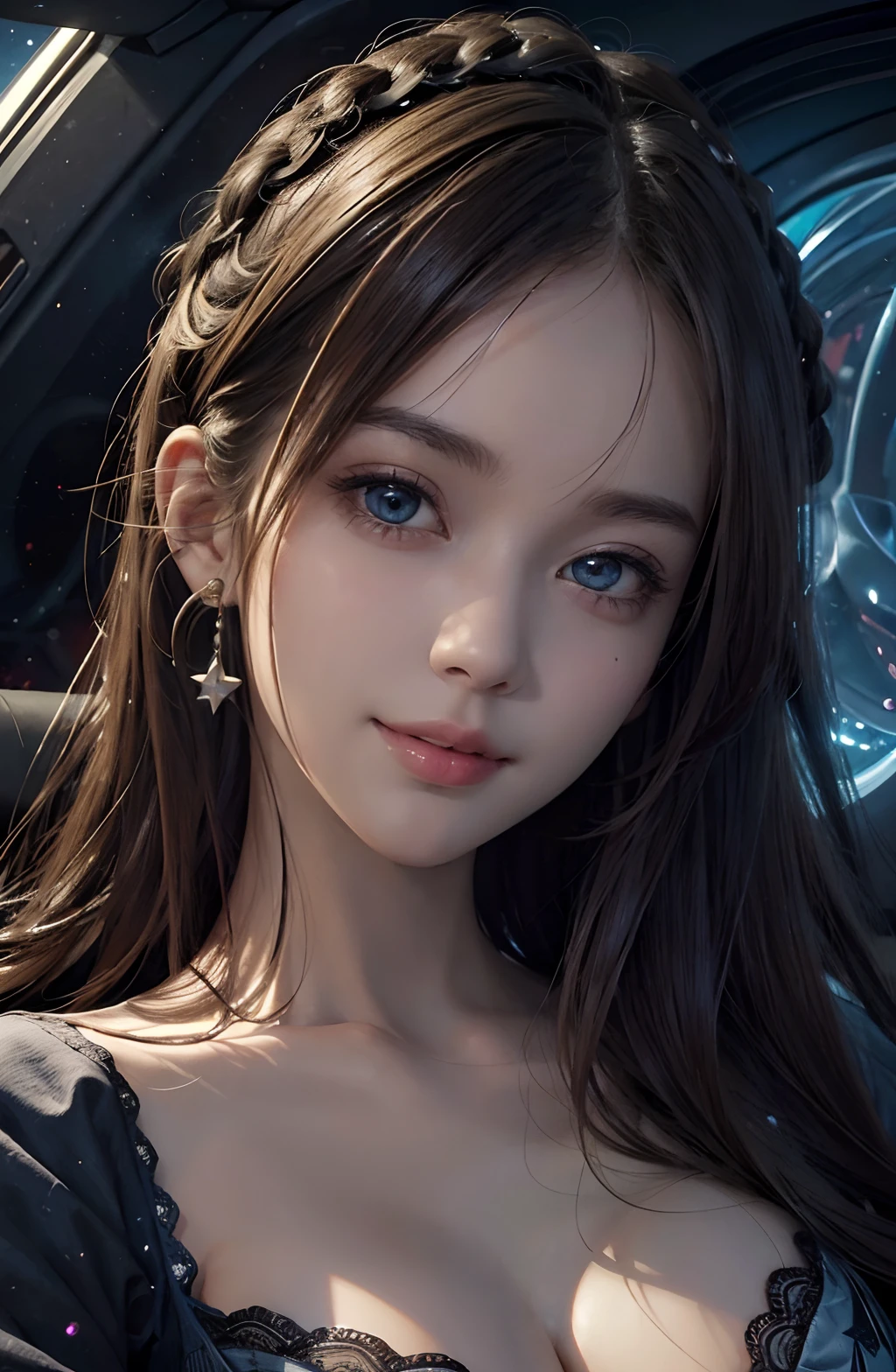 (ultra realistic) , (illustration), (increase resolution), (8K), (extremely detailed), (best illustration), (beautiful detailed eyes), (best quality), (ultra-detailed), (masterpiece), (wallpaper), (detailed face), solo,1 girl, looking at viewers, delicate details, detailed faces, in the dark, deep shadow, low key,pureerosfaceace_v1, happy smile, blue lingerie, in space galaxy, sexy pose