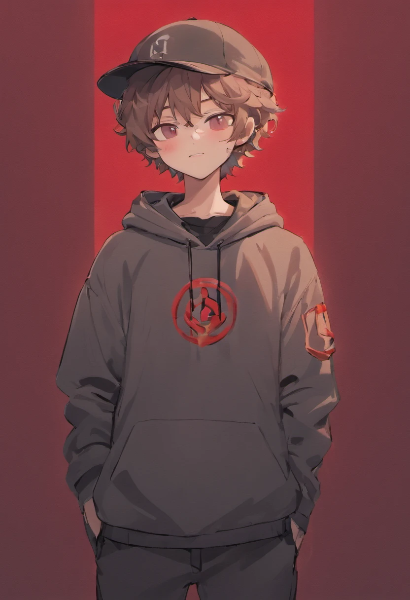((boy)),((dark brown light curly hair)), ((wearing grey hat)), ((hat type: bucket hat)), ((hat color: grey)), ((design on hat: simple white smiley face)), ((wearing grey bucket hat with a simple white smiley face )), ((brown hair)), ((race: Hispanic)), ((clothing: red hoodie)), ((wearing red hoodie)), ((nothing on red hoodie)), (( basic red hoodie)), ((pose: doing a peace sign with his hands)),((happy)), ((eyes closed)), ((smiling)), ((eyes closed because of smiling)), ((black pants)), ((gradient of red and black background))