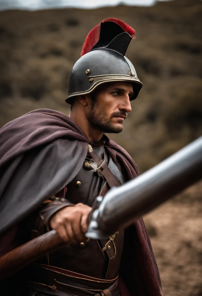 soldado negro romano segurando uma cruz. Soldado romano bonito com uma cruz. Cruz escrita hoje. Homem bonito. Soldado de Roma. Foto realista.